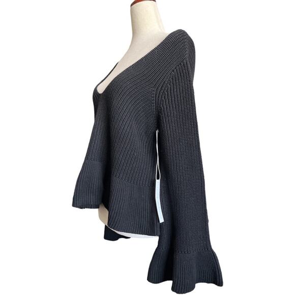NWT Callahan Black Off Shoulder Slouchy Bell Sleeve Cotton Knit Sweater V Neck S - Picture 5 of 9